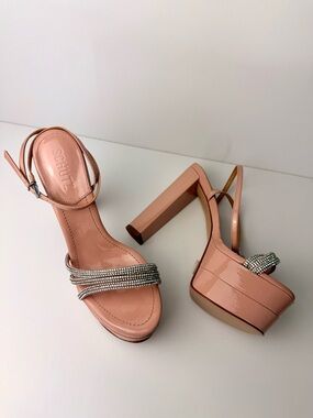 Schutz Piper Platform Heels 7.5B Sweet Rose Pink Rhinestone Strappy Sandals